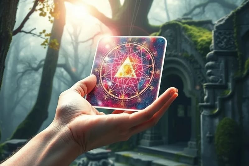 A hand holding a transparent tablet displaying sacred geometry, connected to ancient stone carvings in a mystical forest.