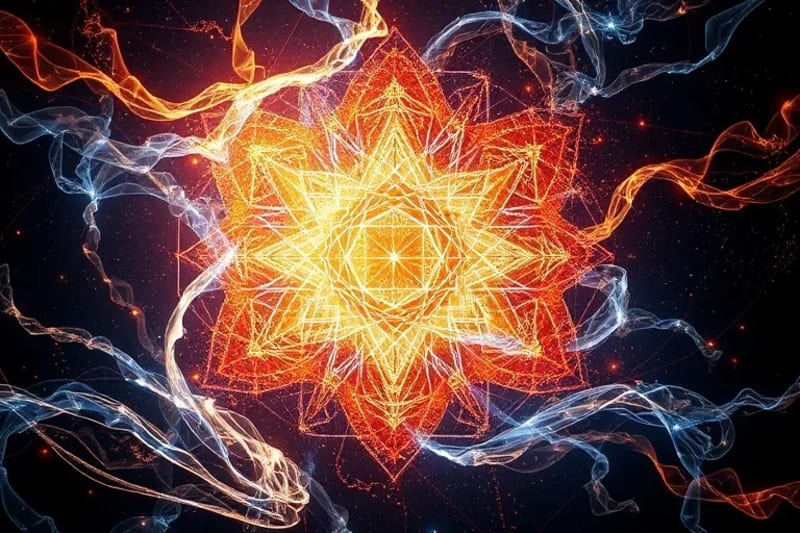 Abstract 3D render of swirling data streams and light particles merging with stylized natural elements like water, earth, and fire.
