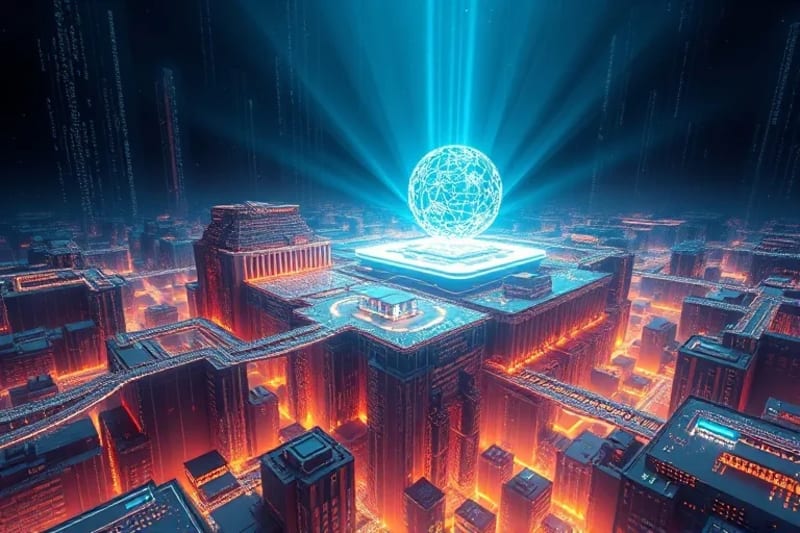 Render 3D de un paisaje digital complejo con arquitecturas abstractas y estructuras de datos luminosas flotantes, simbolizando un ecosistema digital en evolución.