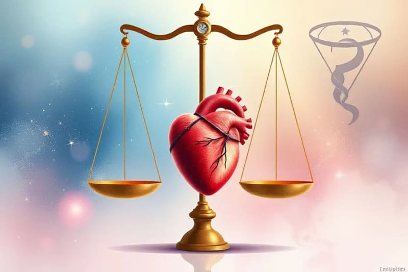 Watercolor painting of a delicate balance scale with an astrological chart and a human heart, symbolizing the balance between interpretation and empathy.