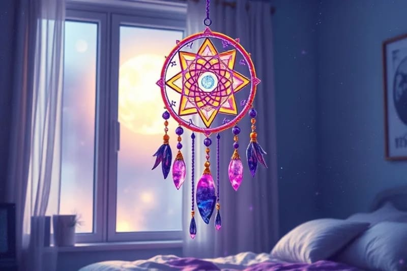 Atrapasueños con cristales colgando en dormitorio iluminado por la luna