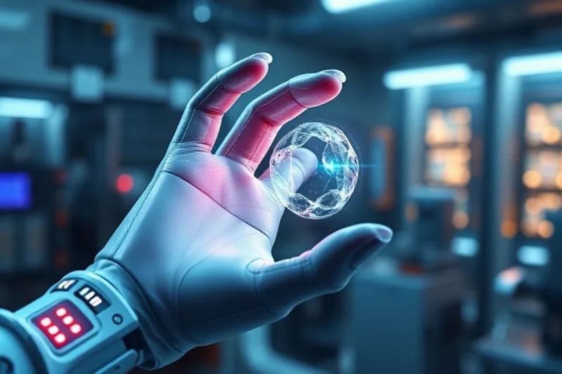 A detailed 3D render of a futuristic haptic glove with visible micro-actuators and sensors on fingertips, interacting with a glowing virtual mechanical part, demonstrating precise tactile feedback.