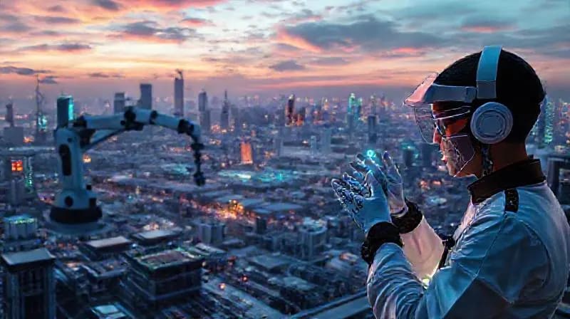 A digital painting of a futuristic cityscape with Industry 4.0 elements, showing engineers using AR glasses and haptic suits to control robotic arms and medical students practicing surgery on holographic models, emphasizing human-machine collaboration.