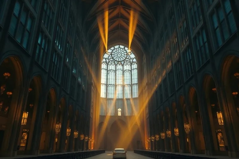 Luz divina protegiendo una ciudad moderna al atardecer, con figuras angelicales sutiles en los rayos de luz.