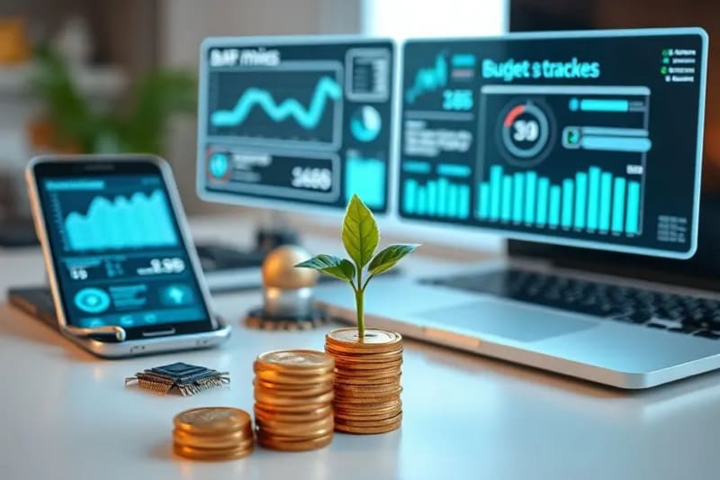 Dispositivos digitales mostrando aplicaciones de finanzas y ahorro