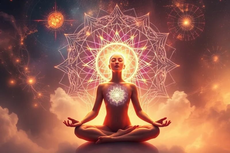 Representación digital de una figura meditando, rodeada de patrones de luz y color que emanan de su cabeza y corazón, simbolizando campos energéticos y vibraciones cuánticas.