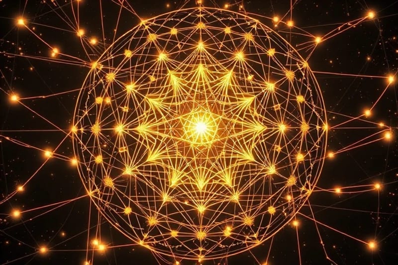 Representación abstracta de la interconexión y transformación, con hilos de luz dorados entrelazados formando una red orgánica, simbolizando conexiones neuronales y energéticas.