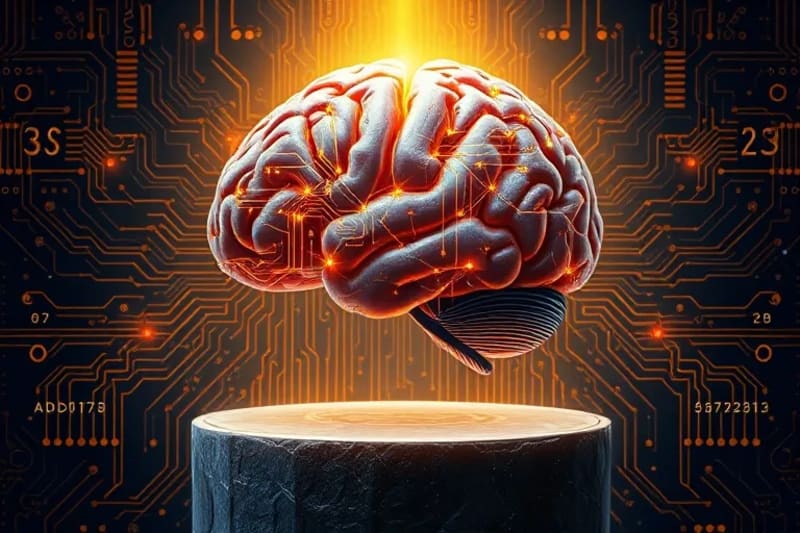 Representación abstracta de un cerebro humano fusionado con circuitos, iluminado por una luz dorada divina