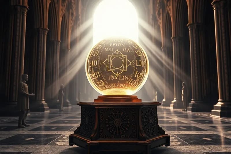 Orbe de cristal brillante que refleja código binario y símbolos antiguos, sobre un pedestal de metal con grabados de circuitos y geometría sagrada