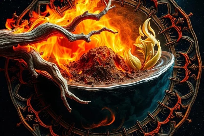 Digital painting of the five elemental cycles: wood feeding fire, fire creating earth, earth generating metal, metal holding water, water nourishing wood.