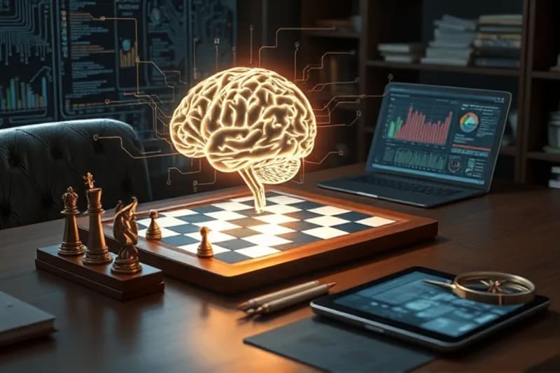 Leader's desk with holographic brain and strategic tools