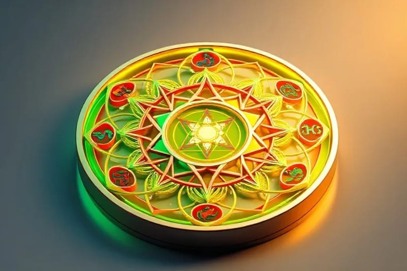 Abstract vector art with interlocking geometric shapes and flowing lines in green, red, yellow, white, blue, symbolizing personality and interconnectedness.