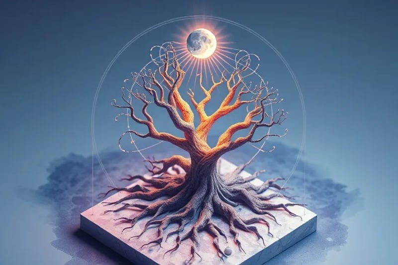 Pintura acuarela de raíces ancestrales entrelazándose con energía cósmica, con símbolos de Nodos Lunares flotando y conectados por líneas energéticas sutiles.