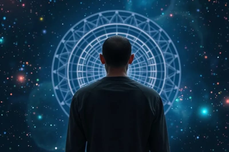 Digital painting of human figure observing holographic natal chart with data streams, cosmic background