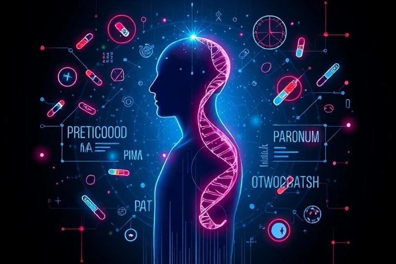 Ilustración vectorial de un perfil de paciente con ADN integrado, rodeado de iconos de medicina personalizada y datos que fluyen.