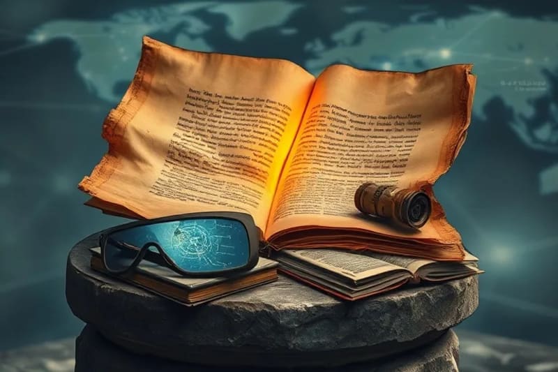Bodegón conceptual con un pergamino antiguo, código binario, gafas de realidad aumentada y textos teológicos, simbolizando la fusión de tradición y tecnología.