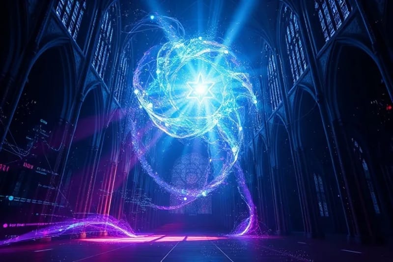 Render 3D abstracto de redes neuronales y flujos de datos entrelazados con iconografía religiosa fragmentada, simbolizando la búsqueda de significado espiritual en el caos digital.