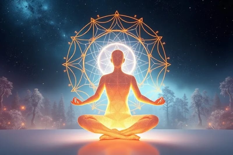 Persona meditando en un entorno virtual rodeada de patrones de geometría sagrada luminosos