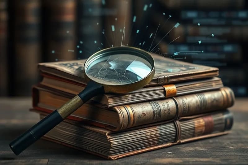 Lupa rota sobre libros de leyes con proyecciones digitales