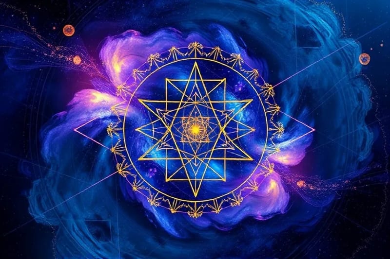 Abstract digital painting of two souls' energetic fields merging in a vortex of blue, purple, and gold