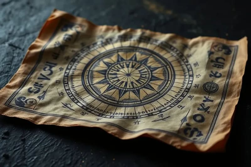 Close-up of an ancient, weathered scroll unfurling with glowing astrological symbols and cryptic script