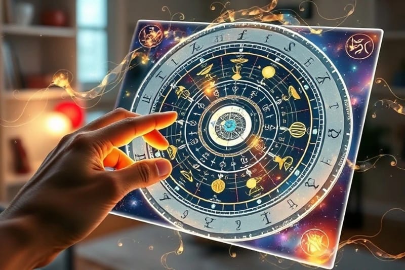 Mano humana interactuando con tablet de carta astral