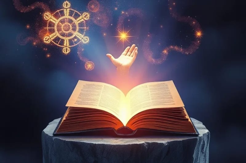 Libro antiguo abierto con luz y símbolos etéreos emergiendo, mano extendida