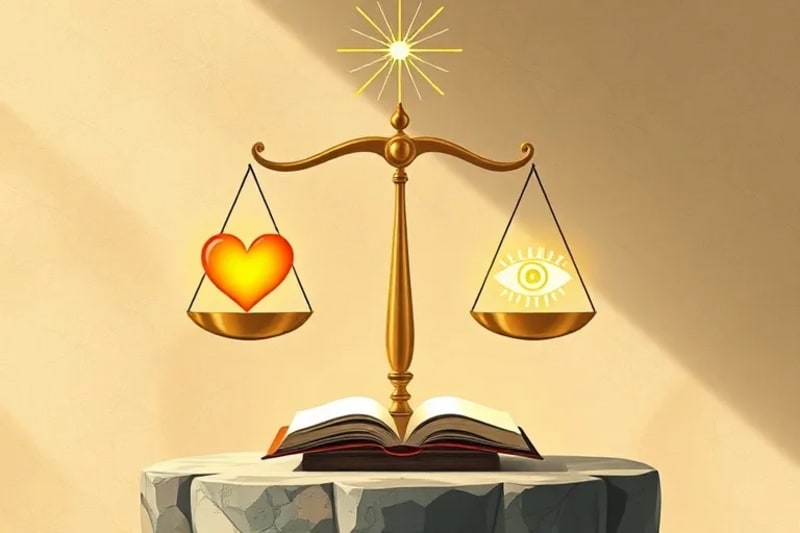 Balanza equilibrada con corazón y ojo luminoso, luz divina descendiendo