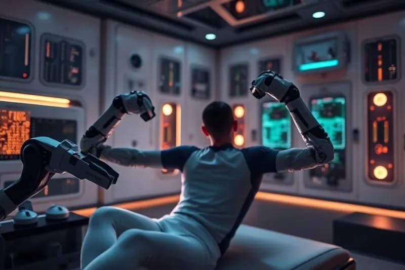 Futuristic recovery room with AI-guided rehabilitation