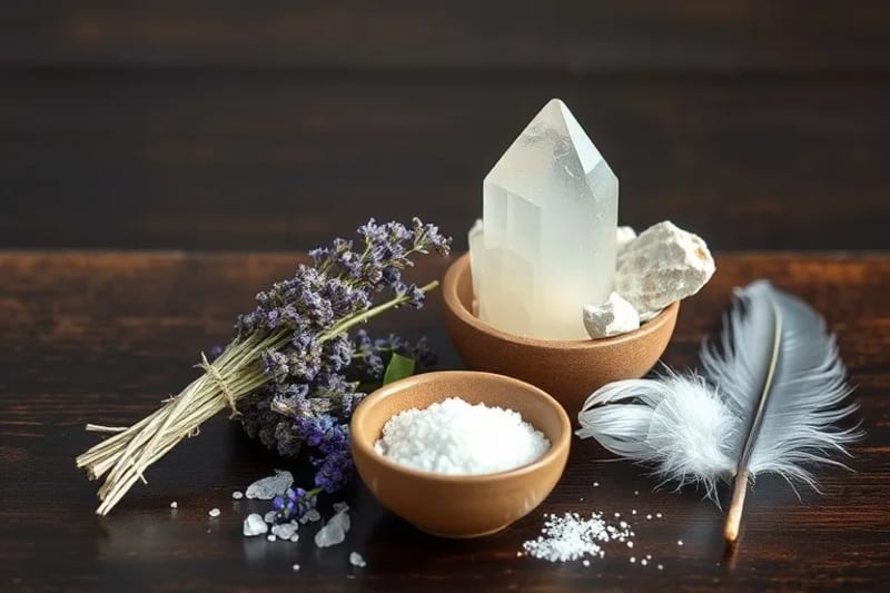 Still life of sage, crystal, salt, and feather for energy cleansing