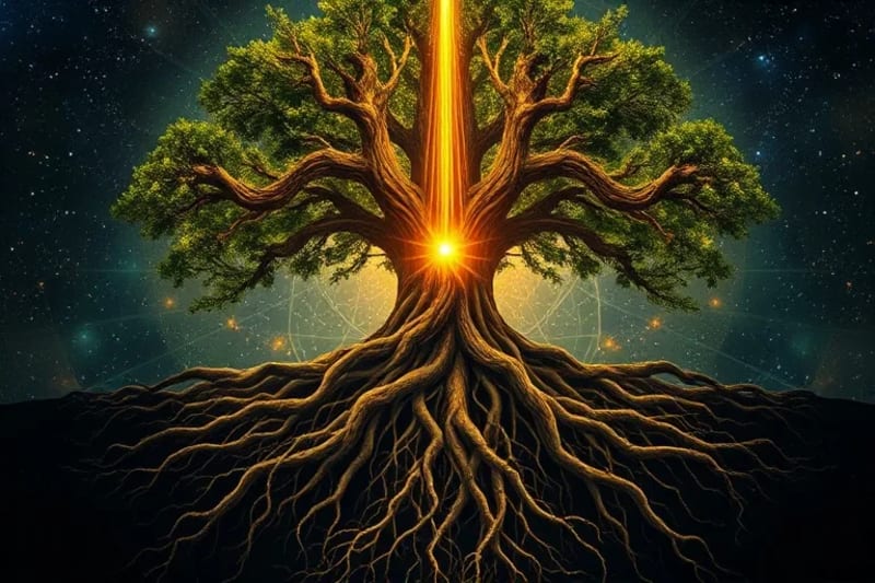 Abstract art of tree roots with glowing energy lines