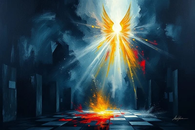 Pintura abstracta al óleo con un torbellino de colores oscuros y turbulentos que representan el caos económico, con símbolos dorados de sabiduría espiritual emergiendo sutilmente del desorden.