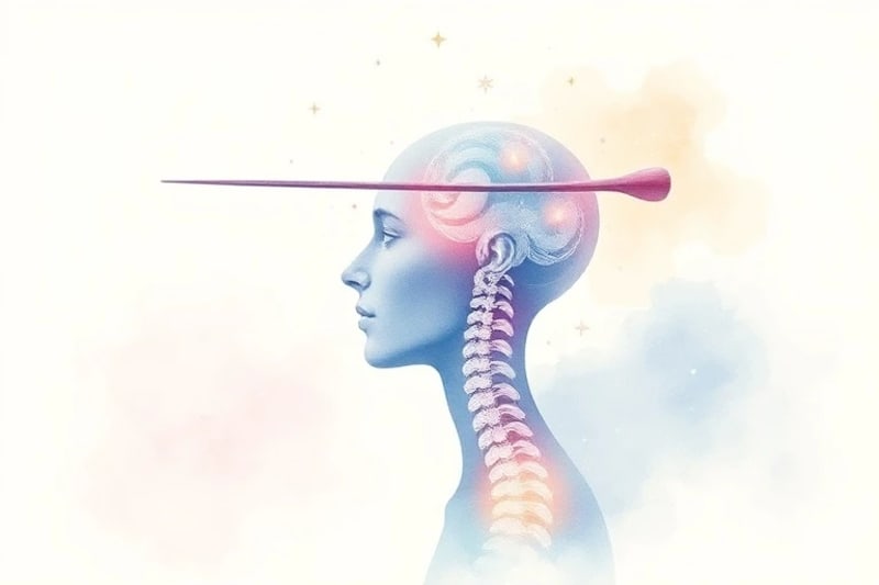 Ilustración en acuarela de un diapasón emitiendo ondas de sonido que tocan la columna vertebral y el cráneo, con símbolos astrológicos difusos.