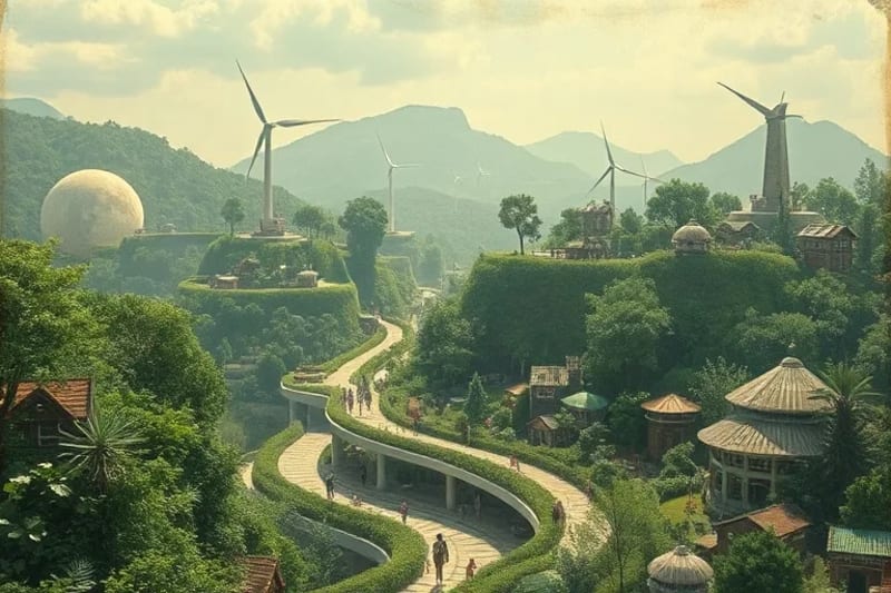 Render 3D de una comunidad utópica viviendo en un sistema económico sostenible y regenerativo, con paisajes verdes, arquitectura orgánica y personas colaborando en actividades como jardinería y artesanía.