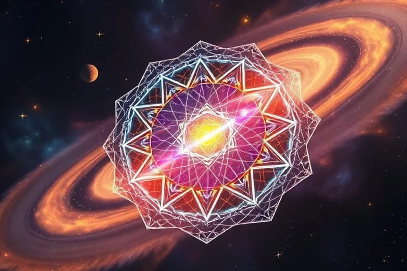 Render 3D de una onda de sonido cósmica atravesando una estructura cristalina que simboliza el fluido cerebroespinal, con nebulosas y alineaciones planetarias de fondo.