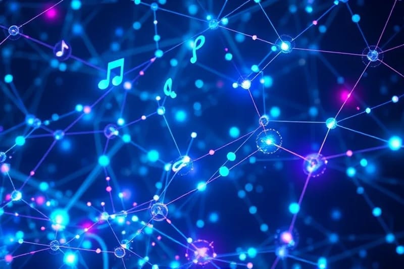 Abstract 3D render of data flow and intellectual property, with interconnected nodes, glowing lines, and fragmented multimedia shapes.