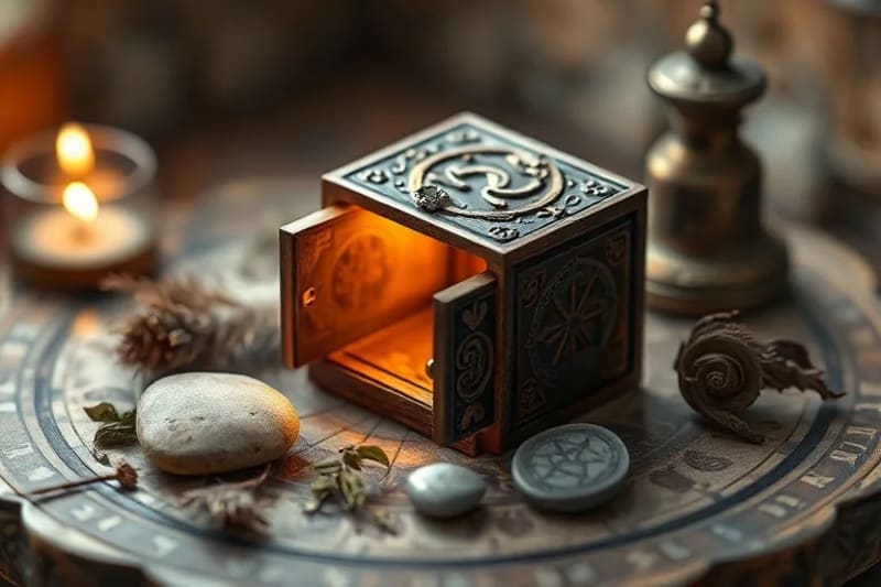 Detailed still life of esoteric objects on an altar, symbolizing ritual and subconscious unlocking