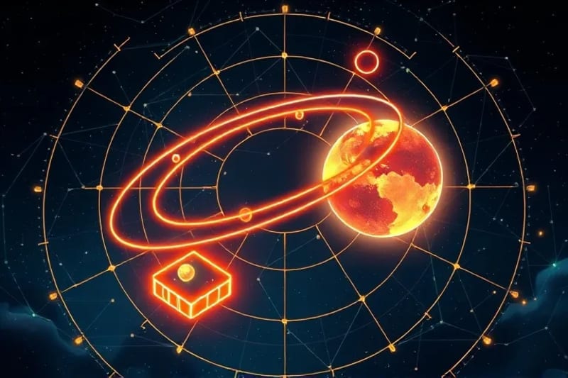 Representación conceptual de bloques planetarios y blockchain