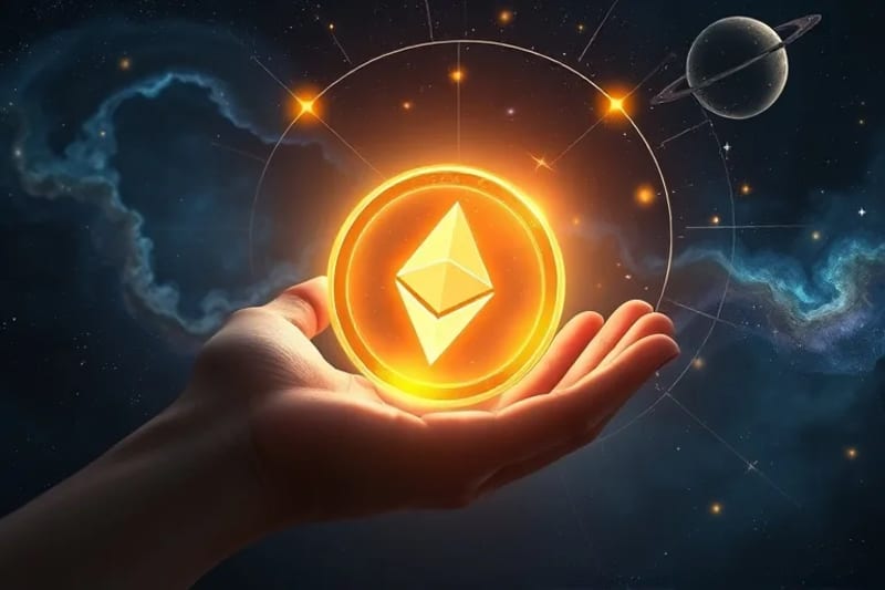 Moneda digital brillante en el espacio cósmico con líneas de tendencia