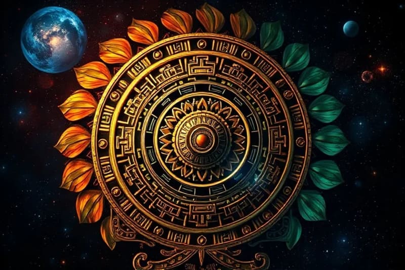 Detailed illustration of Aztec Sun Stone with glyphs and symbols