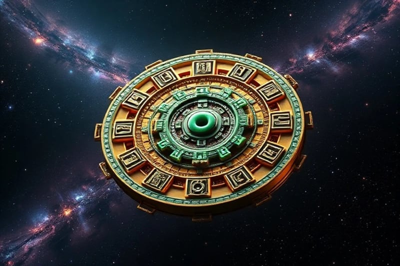 Conceptual 3D render of Mayan Long Count calendar gears in space