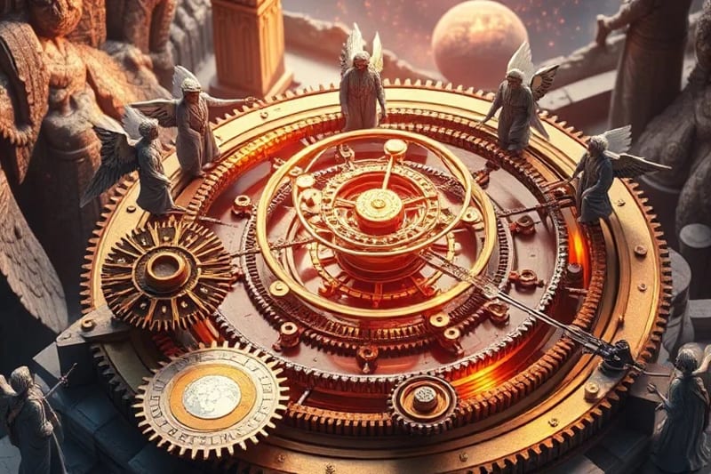 Un mecanismo celestial intrincado con engranajes de luz y estrellas, donde seres angelicales guían suavemente las órbitas planetarias.