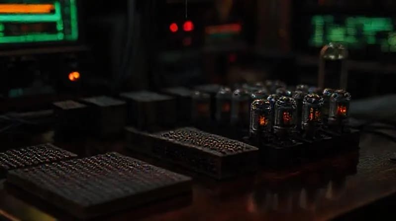 Primer plano de tarjetas perforadas y tubos de vacío antiguos, elementos fundamentales de la computación temprana.