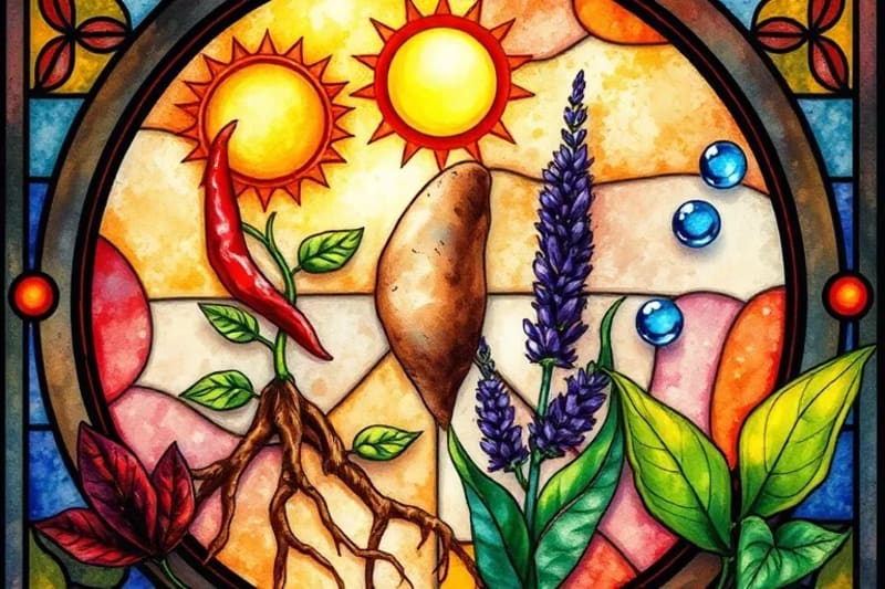Pintura acuarela que representa los cuatro elementos astrológicos (Fuego, Tierra, Aire, Agua) interactuando con plantas simbólicas como chiles, raíces, lavanda y hojas verdes.