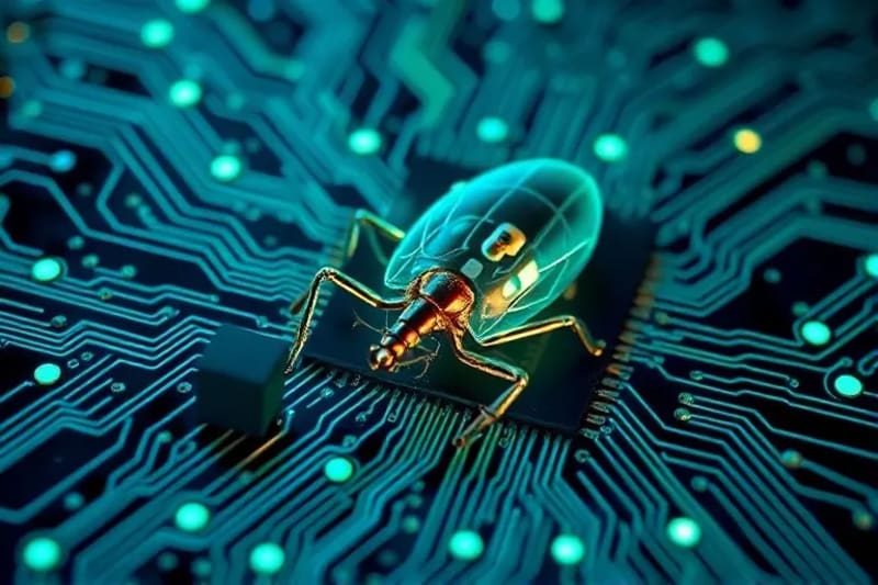 Representación abstracta de un error o 'bug' en un sistema informático, con líneas de código entrelazadas y un elemento disruptivo.