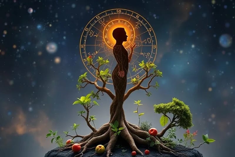 Render 3D abstracto de una silueta humana hecha de raíces y ramas, integrada en un mini bosque comestible, con una carta natal etérea en el cielo, simbolizando la conexión personal con la naturaleza.