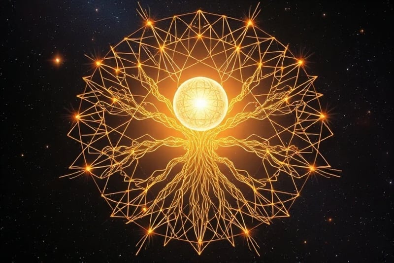3D render of glowing, interconnected energy lines weaving through abstract tree roots and branches, extending from a central luminous sphere against a cosmic background.
