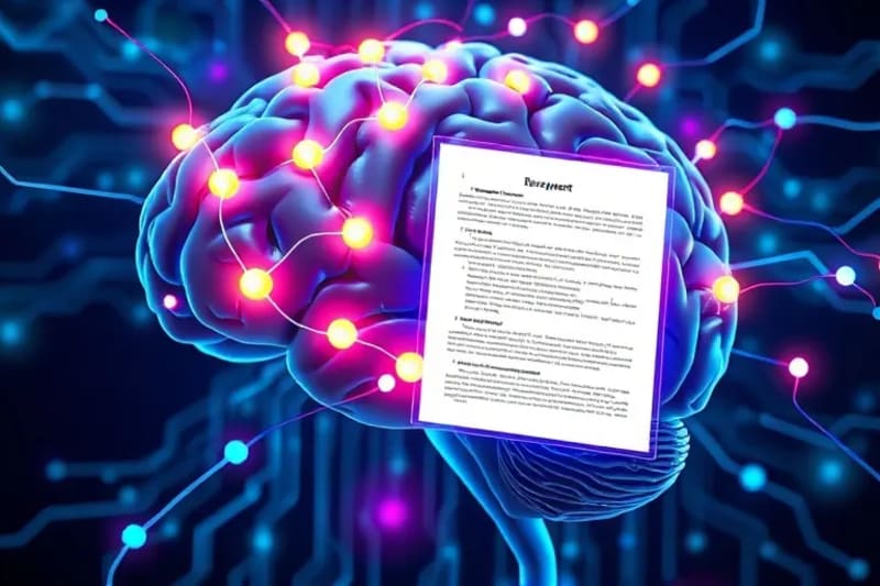 Ilustración de cerebro conectado a documentos legales y código