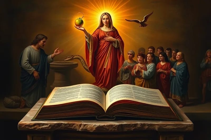 Pintura al óleo de la 'Nueva Eva' pisando una serpiente, simbolizando la redención