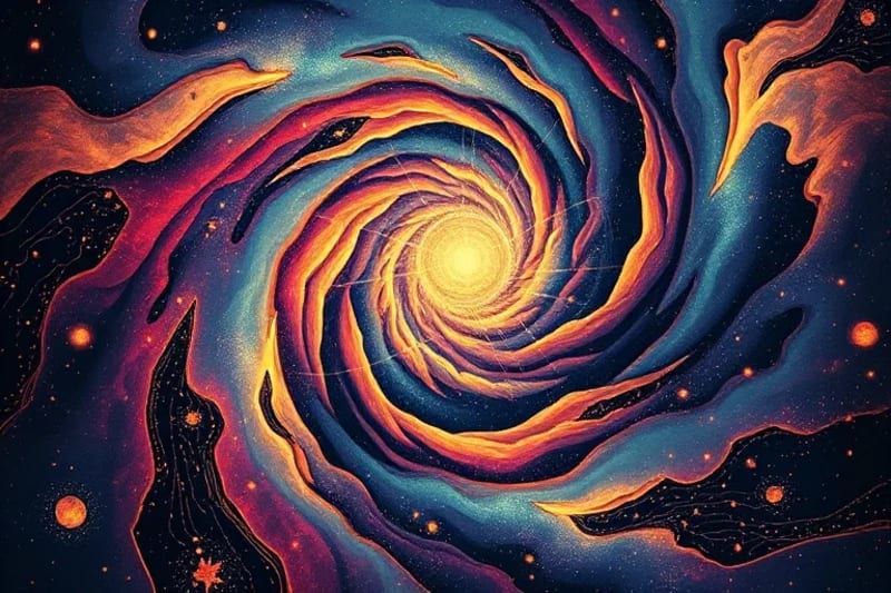 Pintura abstracta digital de un vórtice cósmico con órbitas planetarias y un centro de conciencia